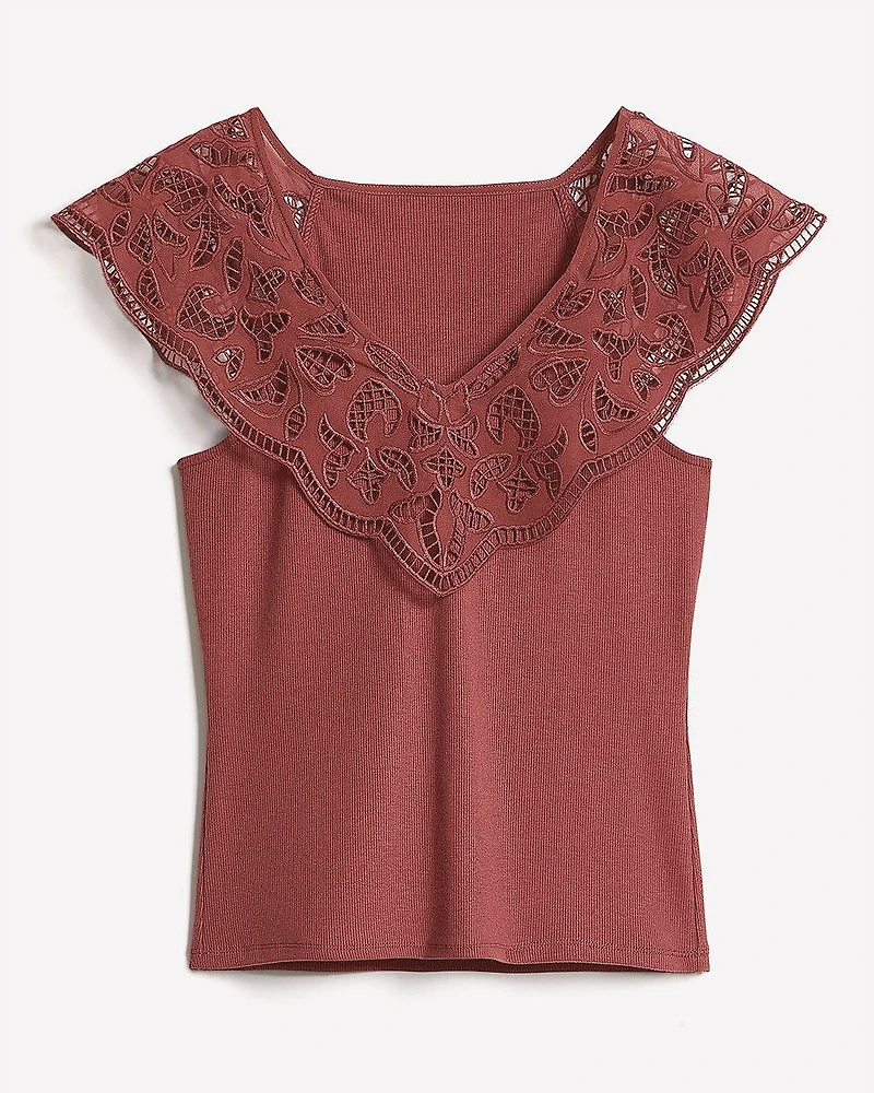 Haut Côtelé à Col V avec Manches Courtes Volants