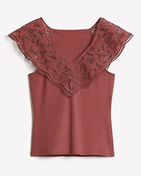 Haut Côtelé à Col V avec Manches Courtes Volants