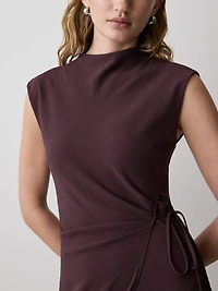 Robe Midi à Manches Courtes et Col Montant avec Jupe Portefeuille