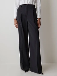 Pantalon Noir en Laine à Jambe Large et Taille Haute