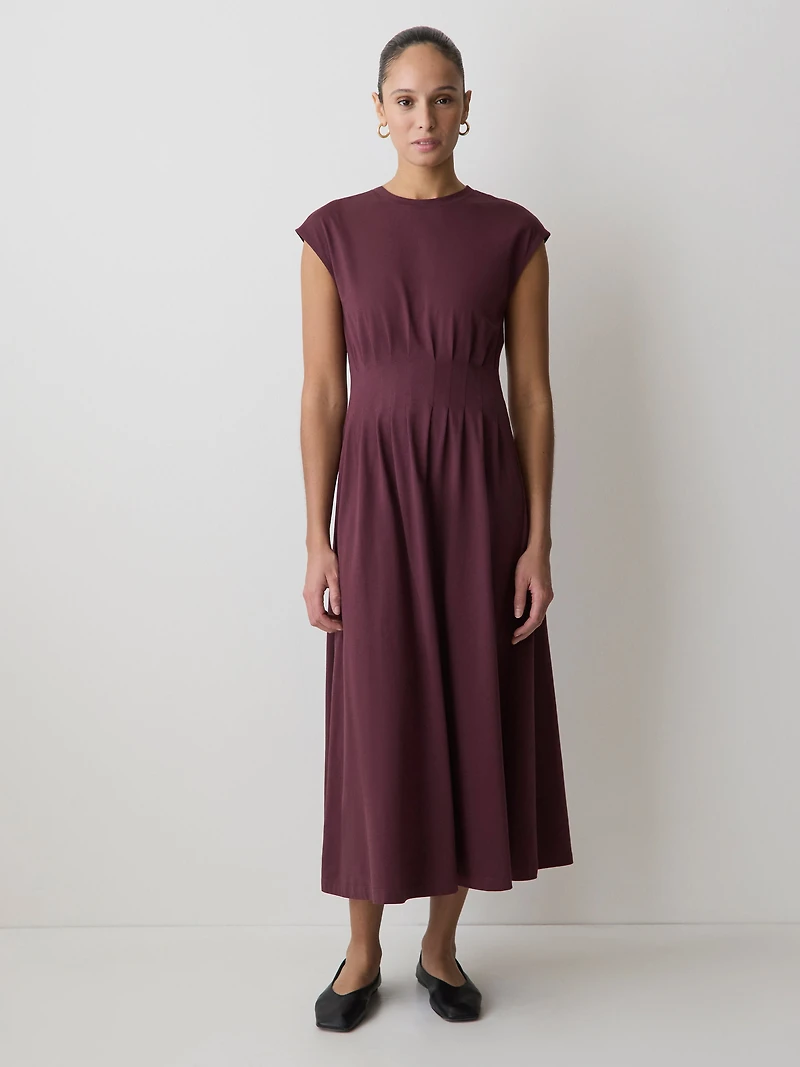 Extended-Sleeve Crew-Neck Midi Dress with Pintucks