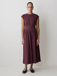 Extended-Sleeve Crew-Neck Midi Dress with Pintucks