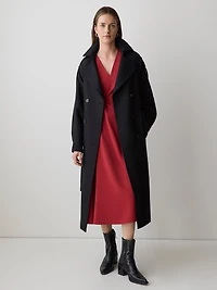 Robe Midi en Sergé à Manches Très Courtes et Col V