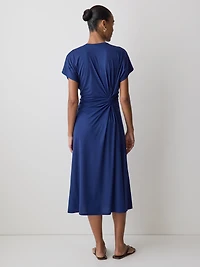 Short-Sleeve Crew-Neck Midi Dress with Draped Detail