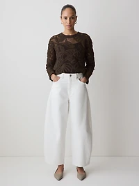 Long-Sleeve Crew-Neck Top with Crochet Details