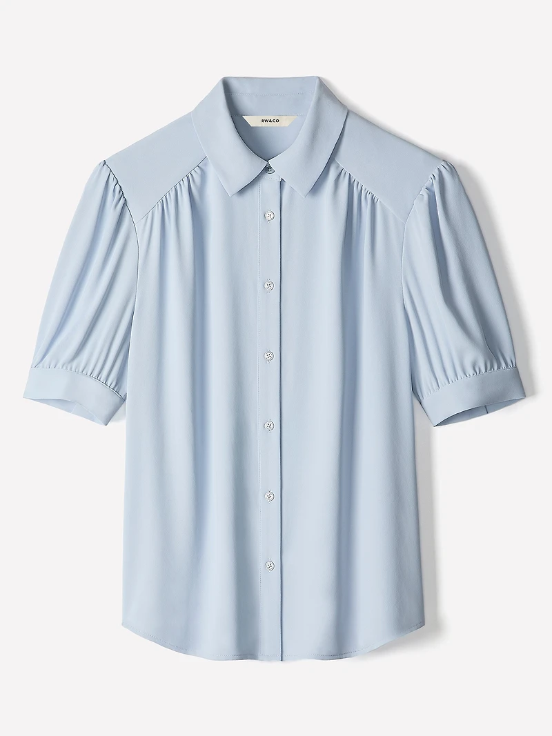 Silky Crepe Short-Sleeve Buttoned-Down Blouse