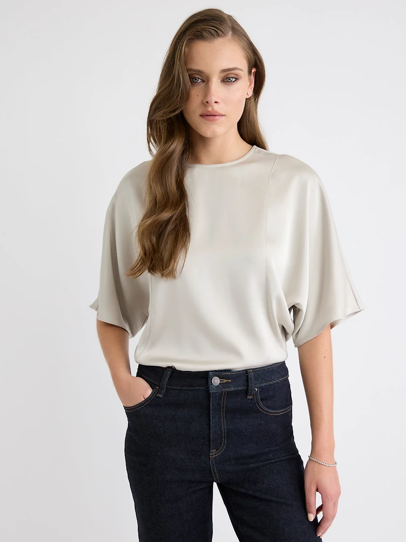Long-Sleeve Crew-Neck Satin Blouse