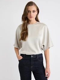 Long-Sleeve Crew-Neck Satin Blouse