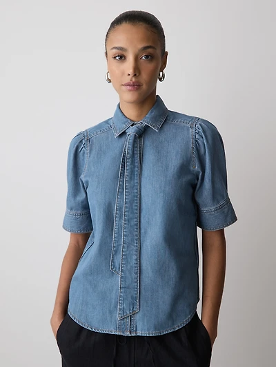 Blouse en Denim à Manches Courtes et Col Chemisier