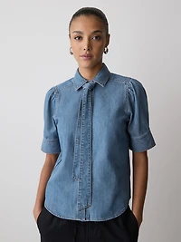 Blouse en Denim à Manches Courtes et Col Chemisier