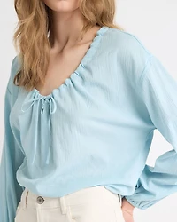 Long-Sleeve U-Neck Gauze Blouse