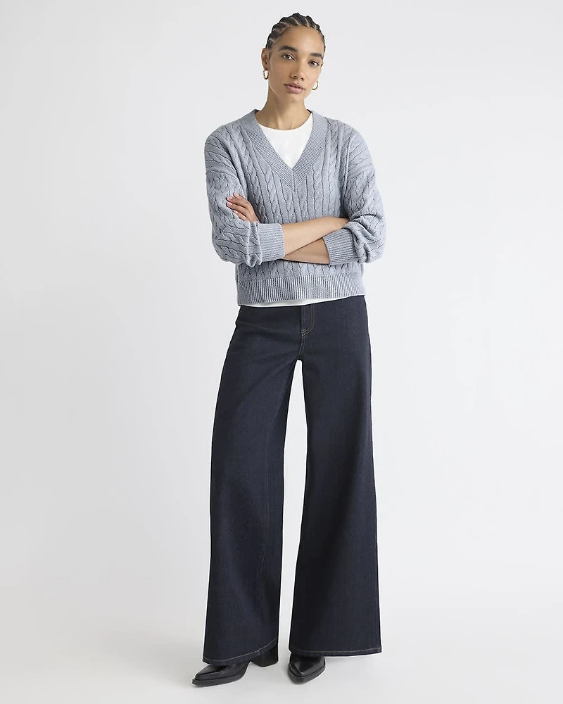 Long-Sleeve V-Neck Cable-Stitch Merino-Blend Sweater