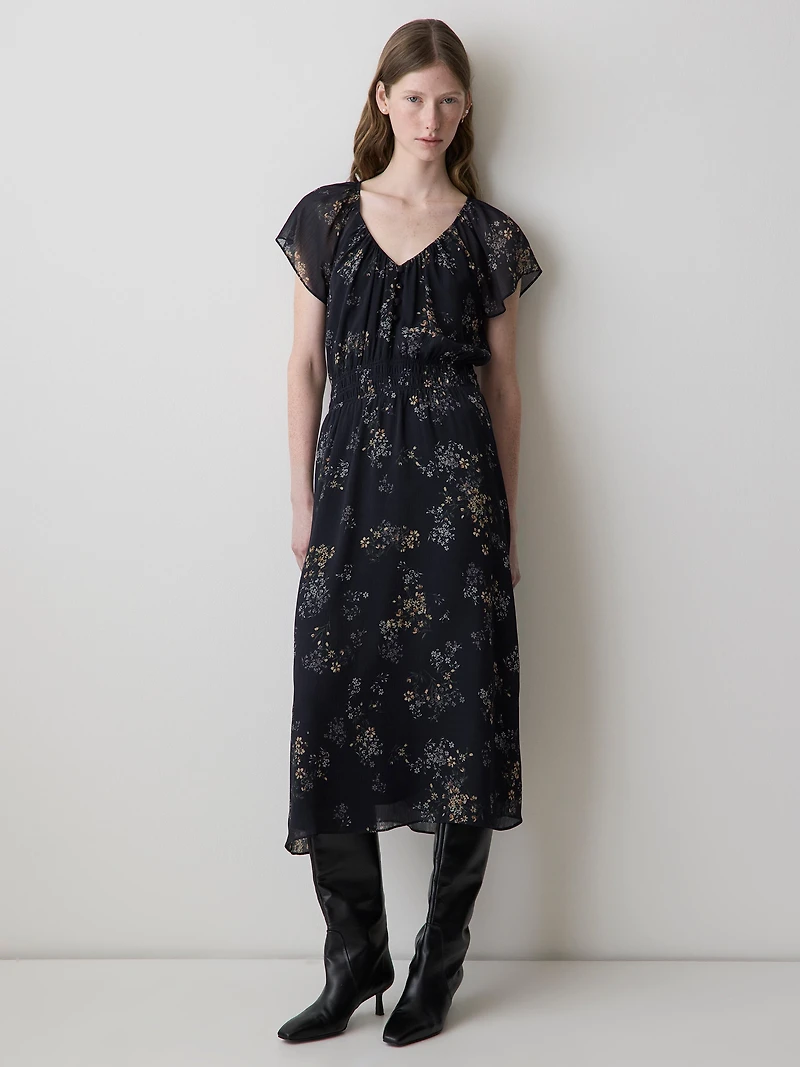 Robe Midi Cintrée et Évasée à Manches Courtes Volants