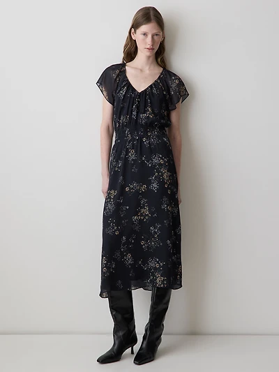 Robe Midi Cintrée et Évasée à Manches Courtes Volants