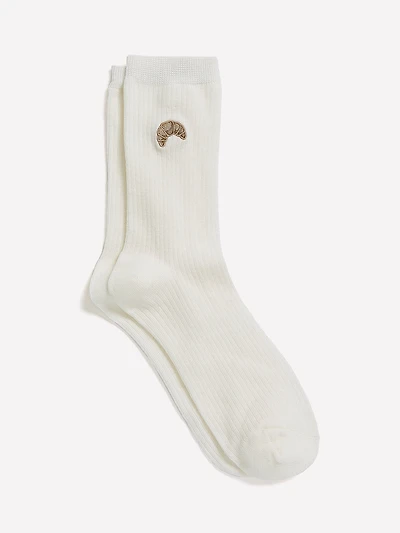 Ribbed Crew Socks with Croissant Embroidery