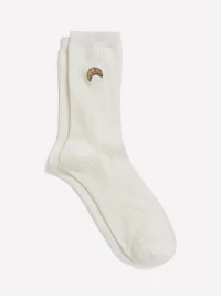 Ribbed Crew Socks with Croissant Embroidery