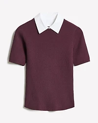 Elbow-Sleeve Ribbed Sweater with Removable Shirt Collar