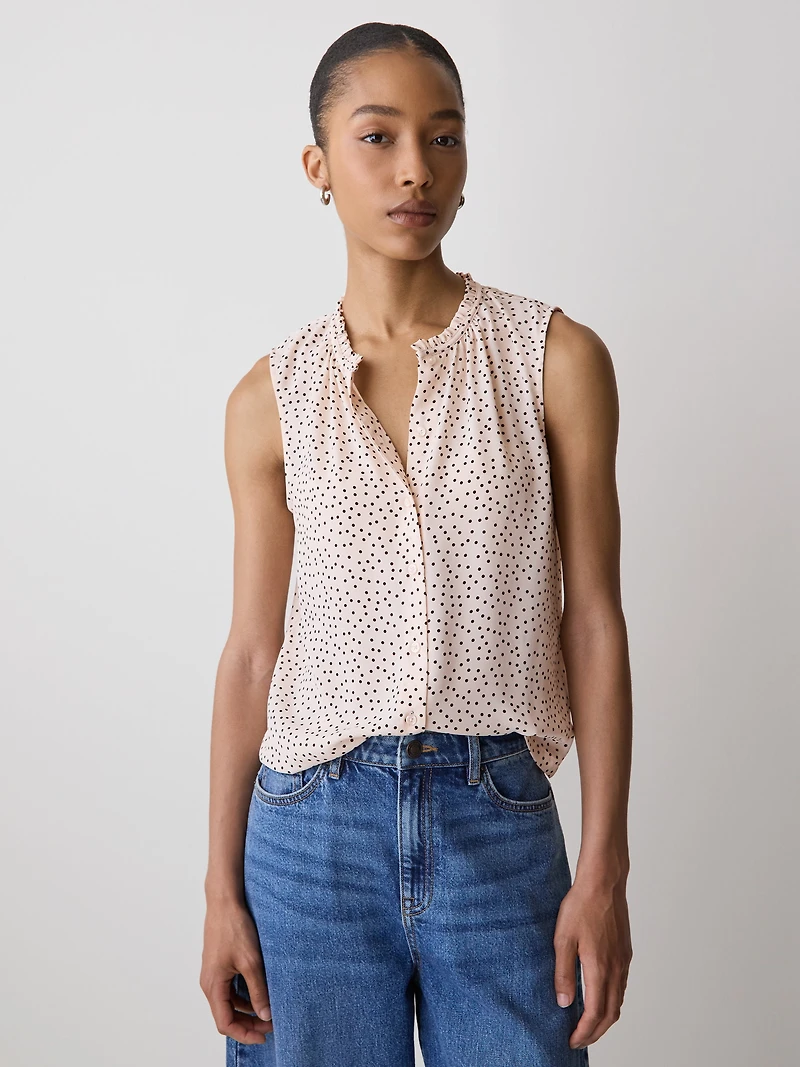 Blouse Boutonnée Sans Manches avec Garniture à Volants