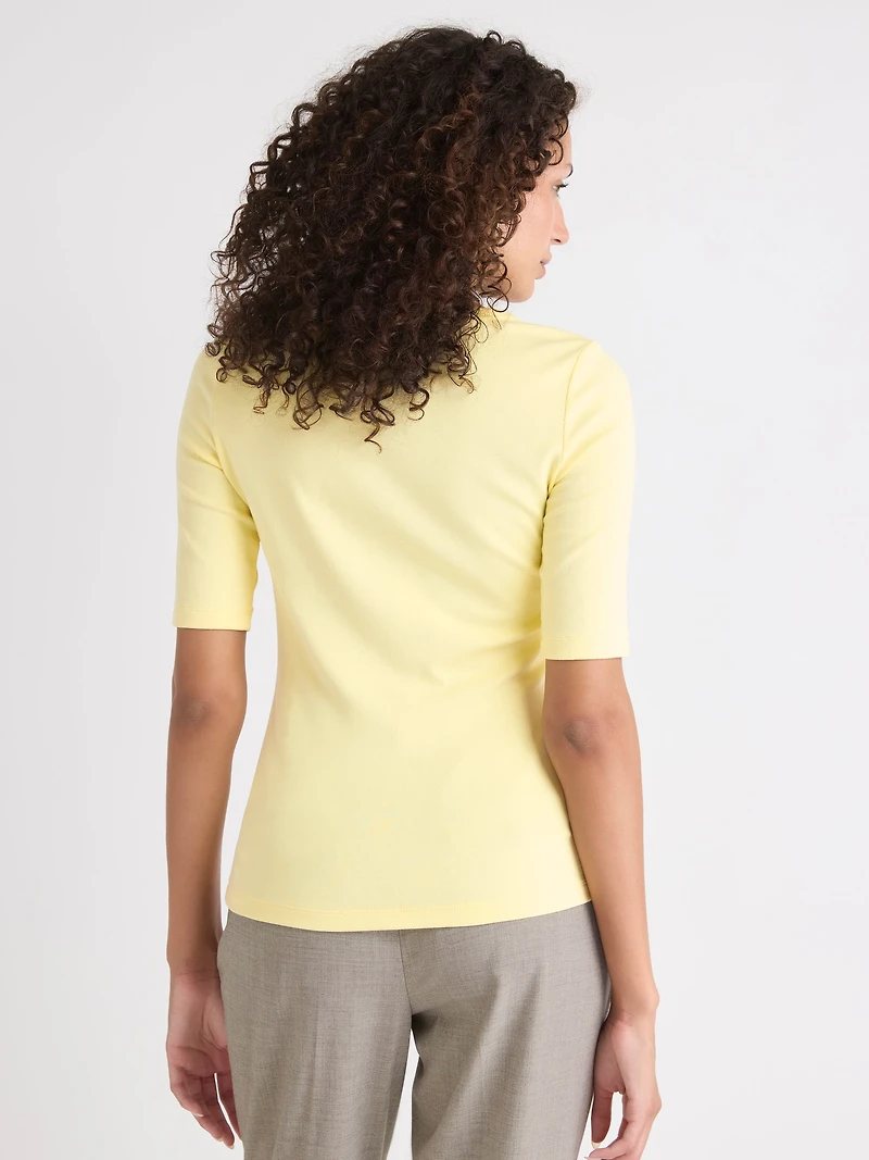 T-Shirt Ajusté à Manches aux Coudes et Col Rond