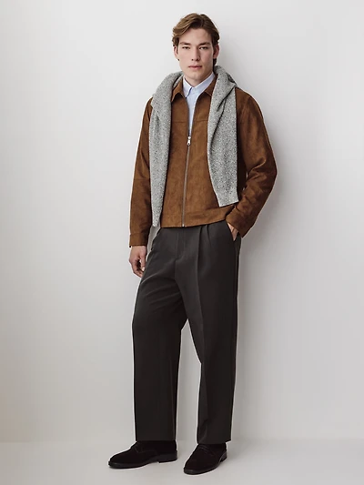 Faux Suede Jacket with Shirt Collar