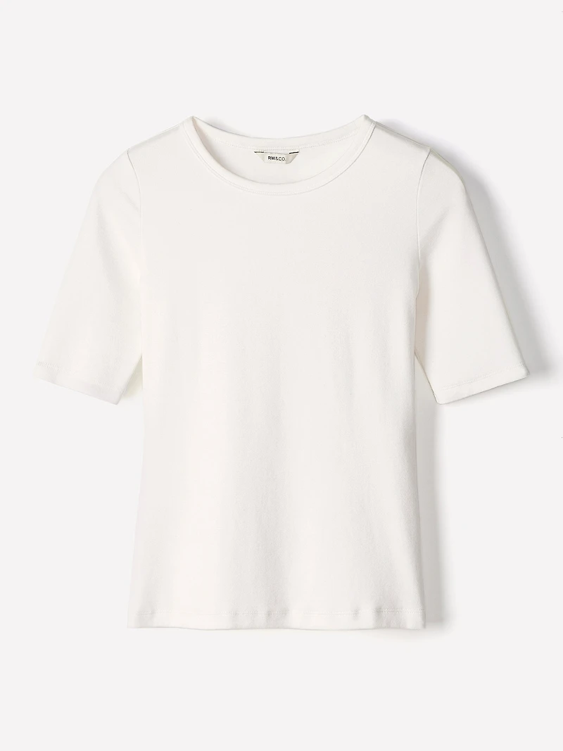 T-Shirt Ajusté à Manches aux Coudes et Col Rond