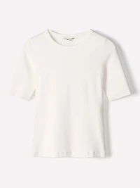 T-Shirt Ajusté à Manches aux Coudes et Col Rond