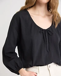 Long-Sleeve U-Neck Gauze Blouse