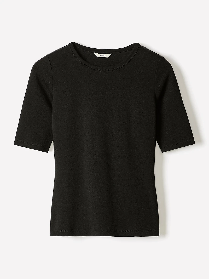 T-Shirt Ajusté à Manches aux Coudes et Col Rond