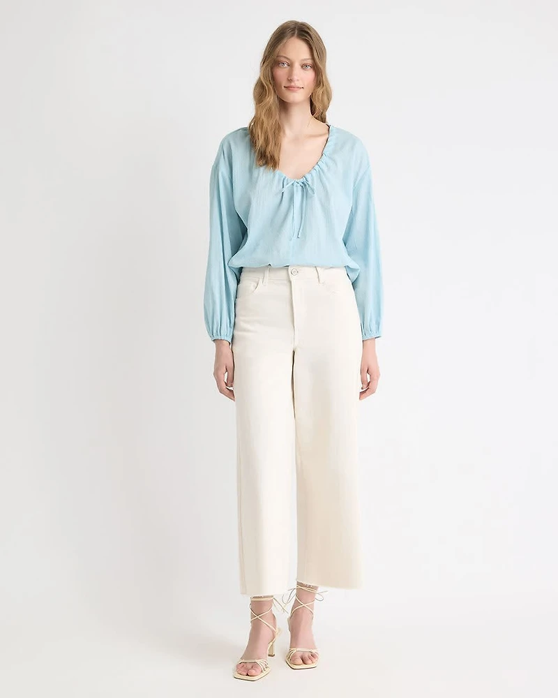 Long-Sleeve U-Neck Gauze Blouse