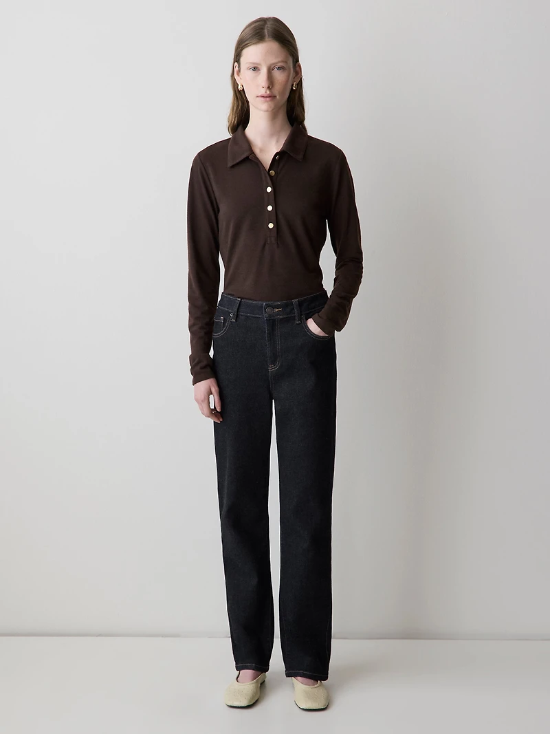 Jeans à Délavé Foncé Taille Haute et Jambe Droite