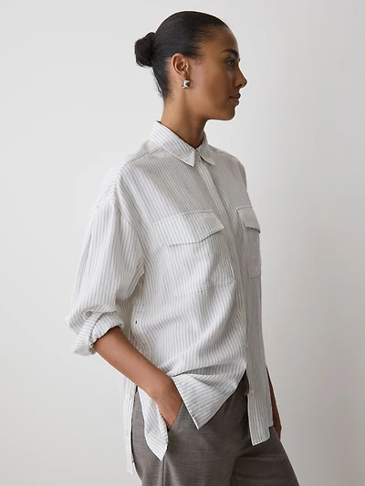 Blouse Boutonnée Rayée à Manches Longues avec Poches