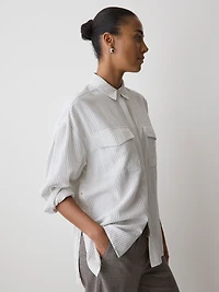Blouse Boutonnée Rayée à Manches Longues avec Poches
