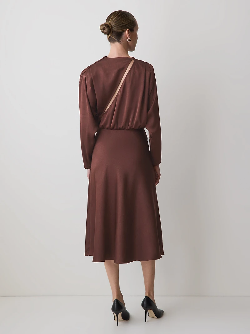 Satin Long-Sleeve Crew-Neck Midi Dress