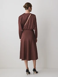 Satin Long-Sleeve Crew-Neck Midi Dress