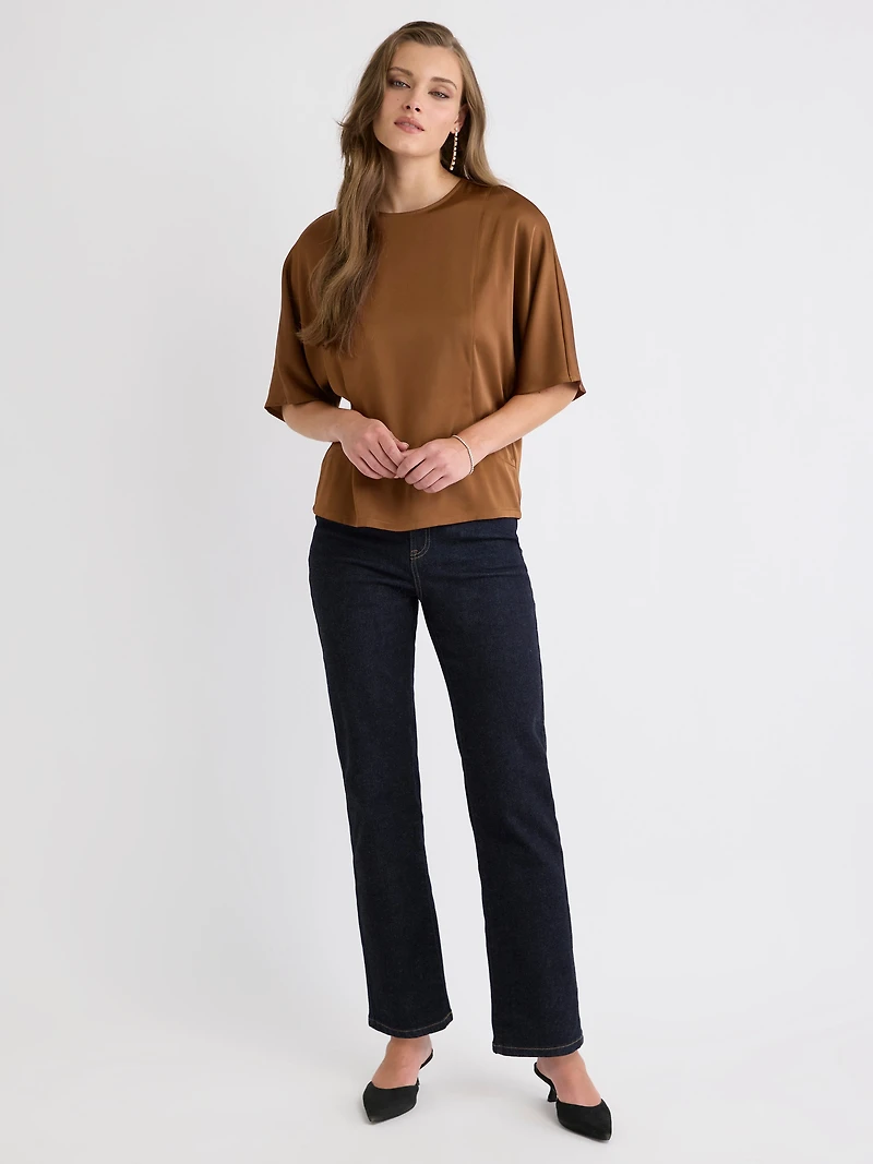 Long-Sleeve Crew-Neck Satin Blouse