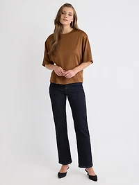 Long-Sleeve Crew-Neck Satin Blouse