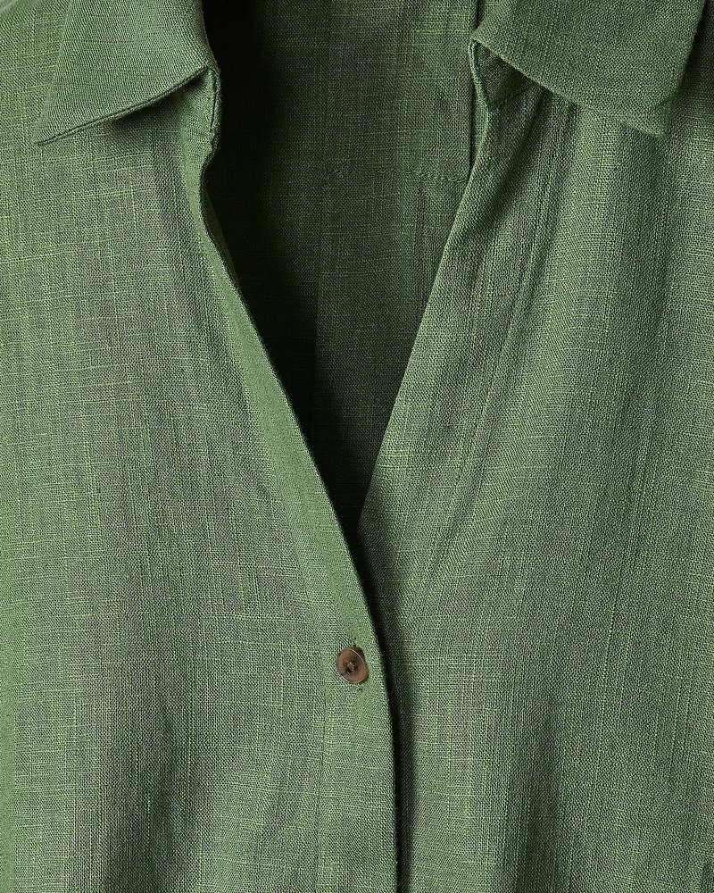 Blouse en Mélange de Lin à Manches Courtes et Col Chemisier