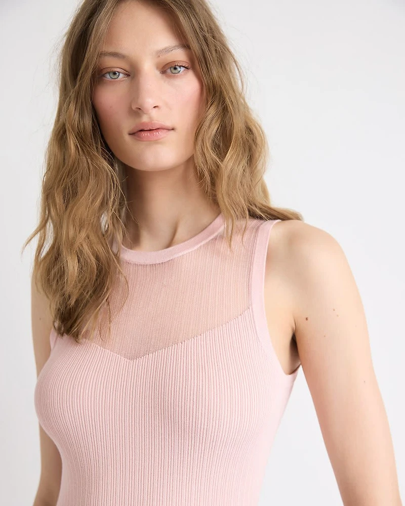 Camisole Côtelée à Col Rond avec Empiècement Transparent