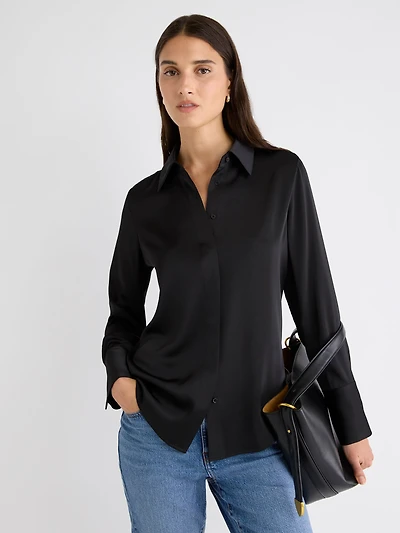 Satin Long-Sleeve Buttoned-Down Blouse
