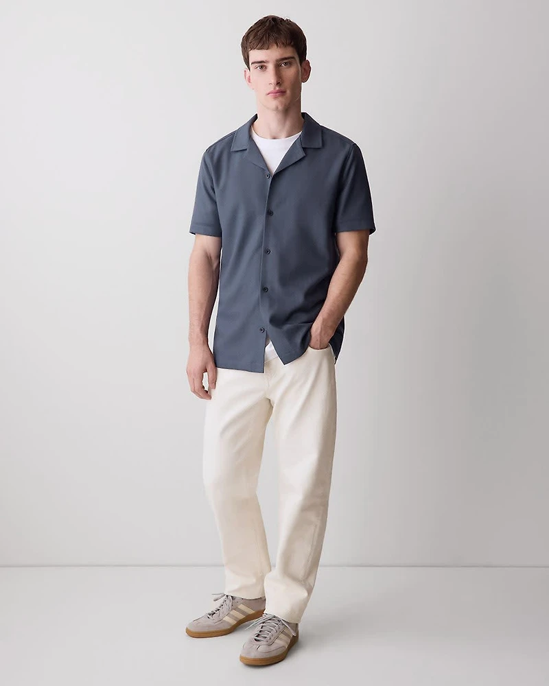 Short-Sleeve Herringbone Shirt with Camp Collar