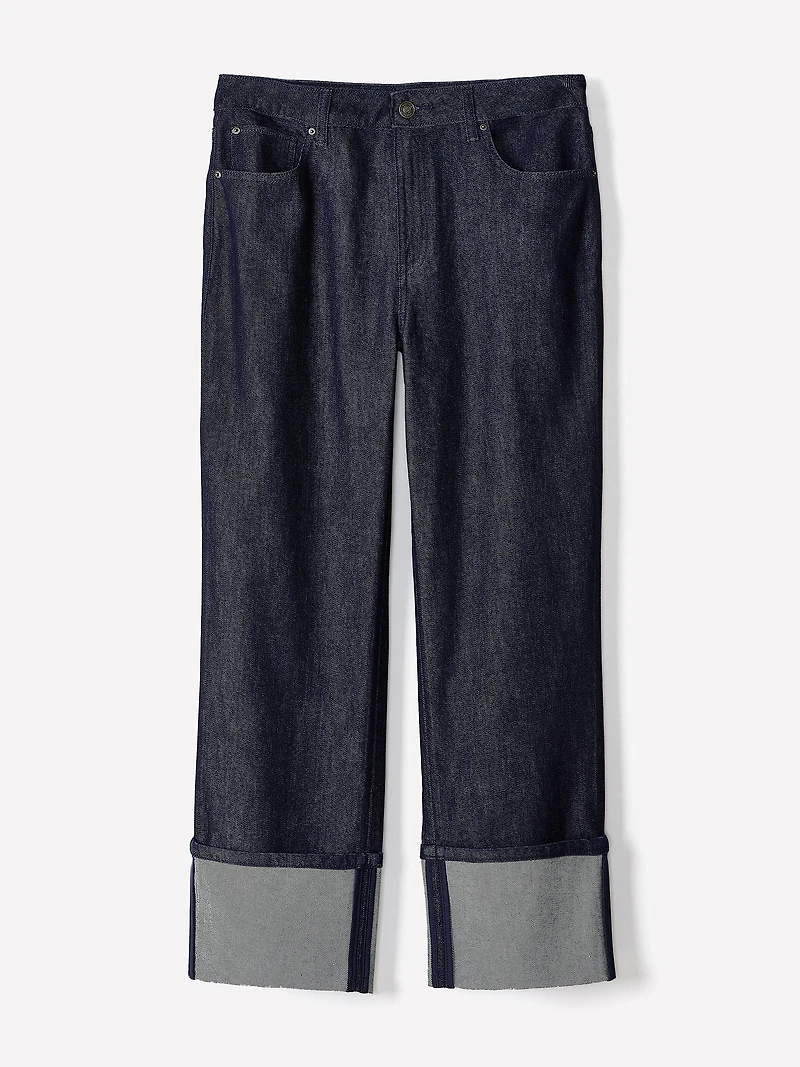 Jeans à Taille Haute et Jambe Droite Ourlets Roulés