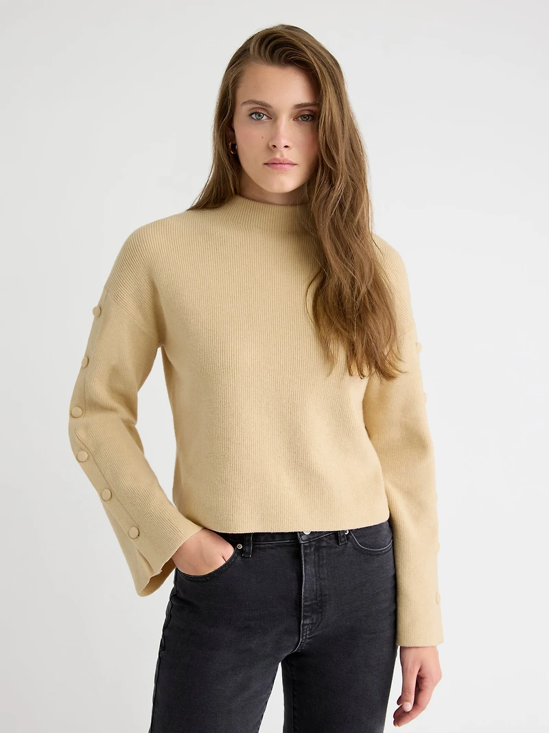 Pull à Manches Longues avec Boutons et Col Montant