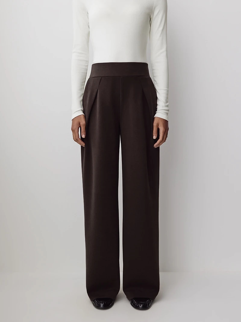 Pantalon à Jambe Large Détails Pincés et Taille Mi-Haute