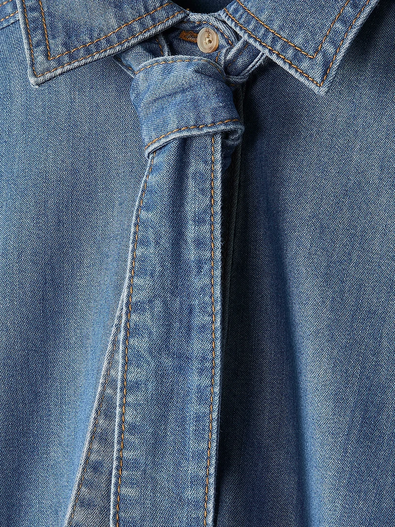 Blouse en Denim à Manches Courtes et Col Chemisier