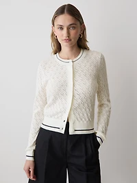 Long-Sleeve Crew-Neck Cardigan with Pointelle Stitches