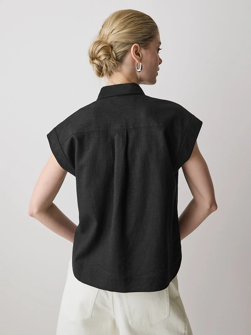 Linen-Blend Extended-Sleeve Blouse with Shirt Collar