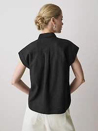 Linen-Blend Extended-Sleeve Blouse with Shirt Collar