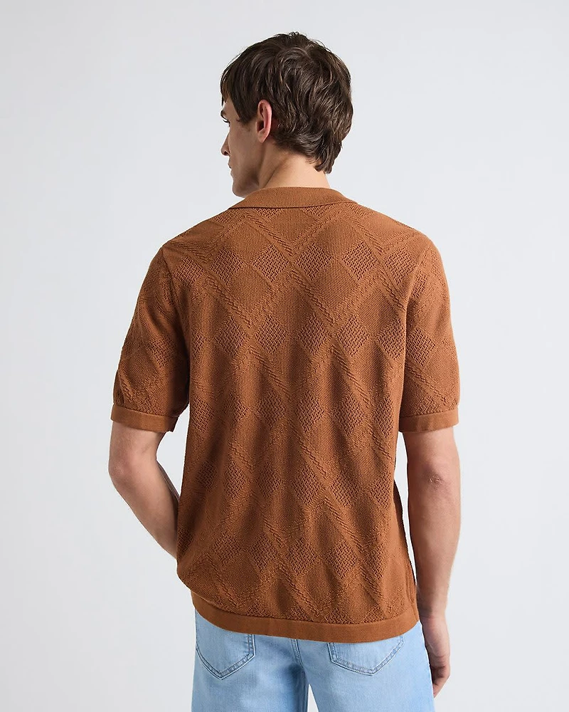 Short-Sleeve Buttoned-Down Argyle Sweater with Camp Collar