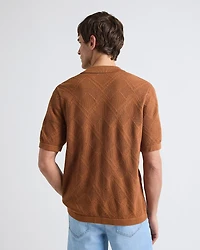 Short-Sleeve Buttoned-Down Argyle Sweater with Camp Collar