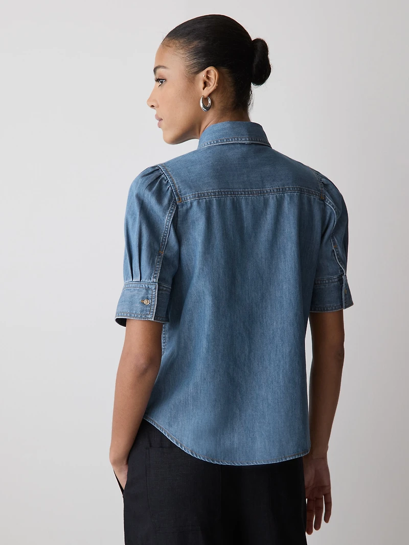 Blouse en Denim à Manches Courtes et Col Chemisier